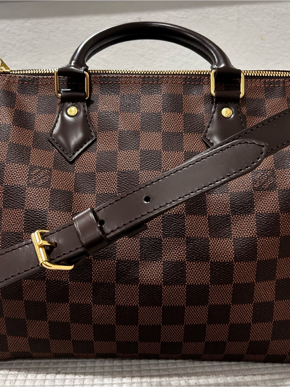 Authentic Louis Vuitton Speedy 30 Bandouliere Duffel Bag with Gold Hardware